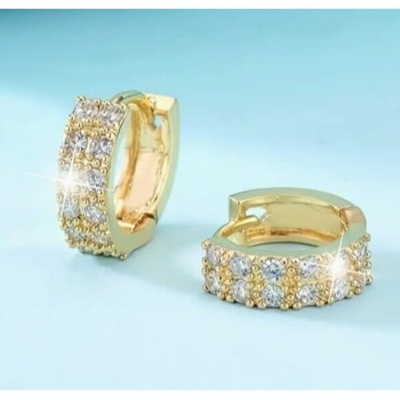 14k Gold Plated Simulated Diamond Huggie Hoop Earrings - Picture 2 of 6